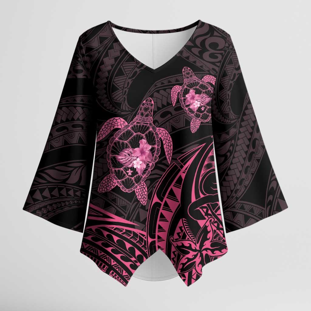 Pink Black Polynesia Floral Sea Turtle Kimono Sleeve Blouse - Polynesian Pride