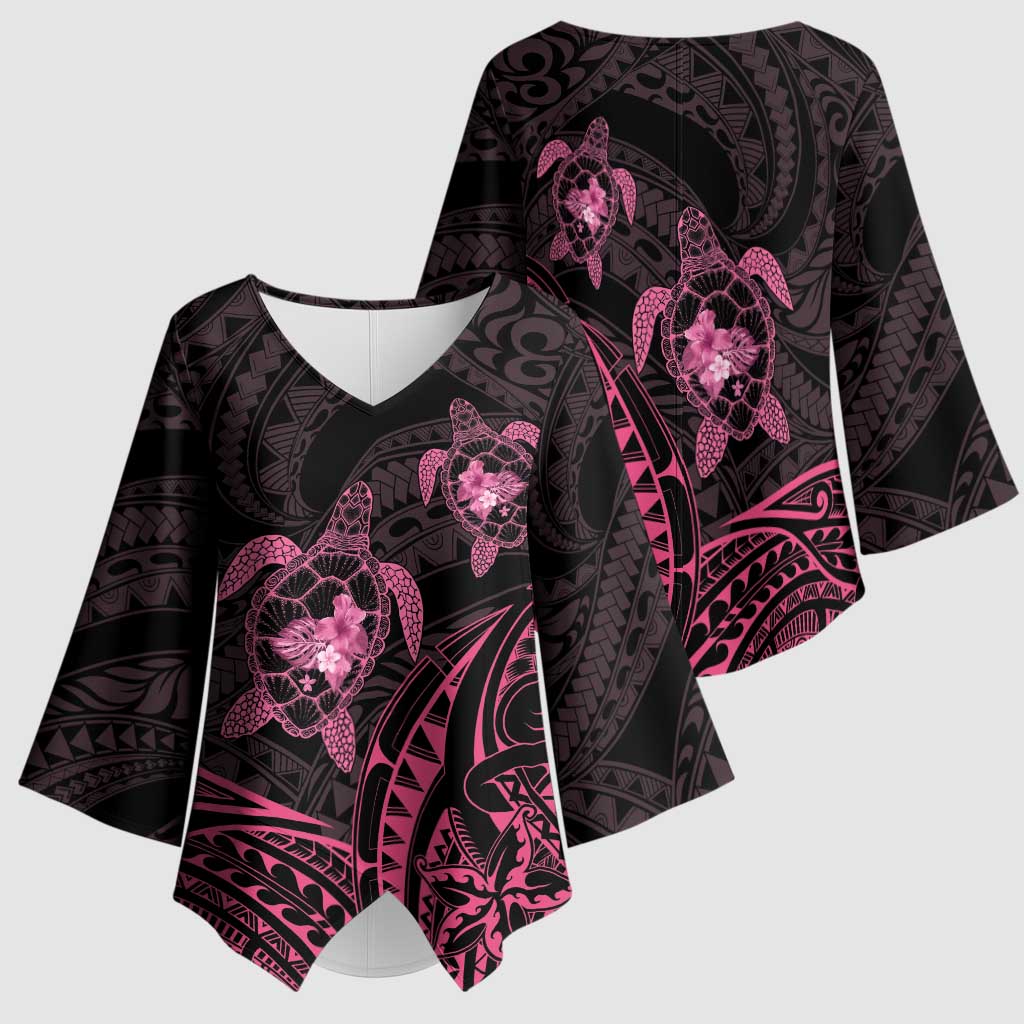 Pink Black Polynesia Floral Sea Turtle Kimono Sleeve Blouse - Polynesian Pride