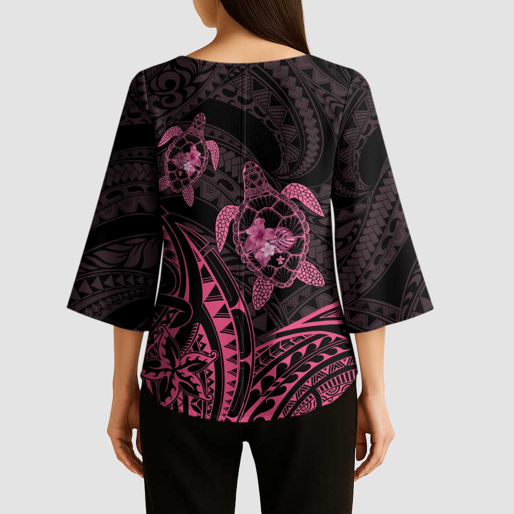 Pink Black Polynesia Floral Sea Turtle Kimono Sleeve Blouse - Polynesian Pride