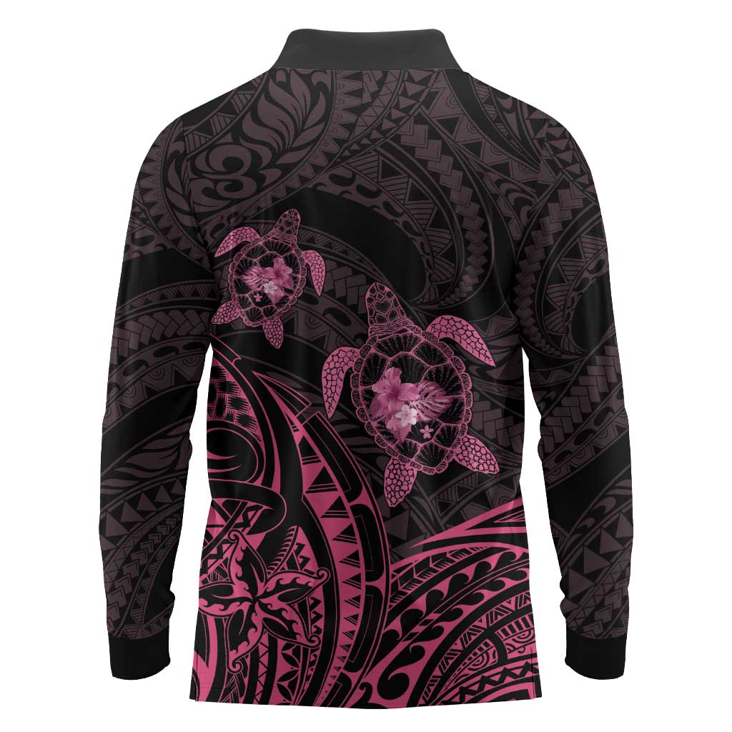 Pink Black Polynesia Floral Sea Turtle Long Sleeve Polo Shirt LT14 - Polynesian Pride