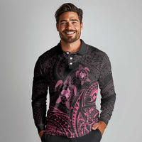 Pink Black Polynesia Floral Sea Turtle Long Sleeve Polo Shirt LT14 - Polynesian Pride