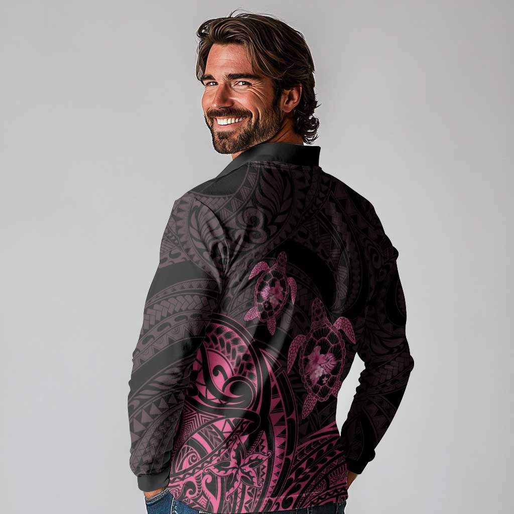 Pink Black Polynesia Floral Sea Turtle Long Sleeve Polo Shirt LT14 - Polynesian Pride