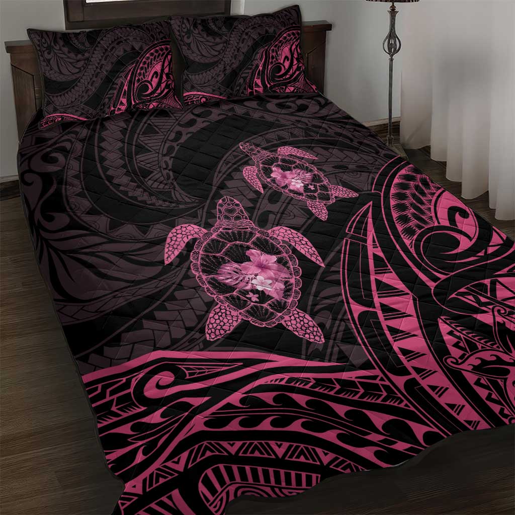 Pink Black Polynesia Floral Sea Turtle Quilt Bed Set LT14 Black - Polynesian Pride