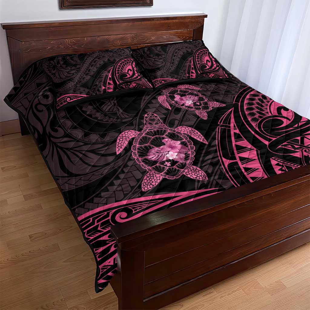 Pink Black Polynesia Floral Sea Turtle Quilt Bed Set LT14 - Polynesian Pride