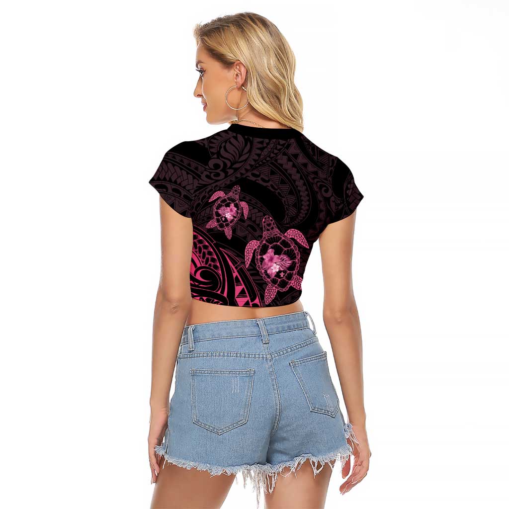 Pink Black Polynesia Floral Sea Turtle Raglan Cropped T Shirt - Polynesian Pride
