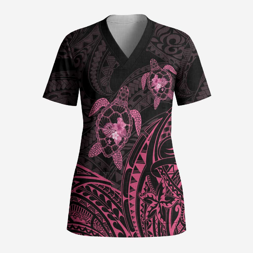 Pink Black Polynesia Floral Sea Turtle Scrub Top LT14 Adult Black - Polynesian Pride