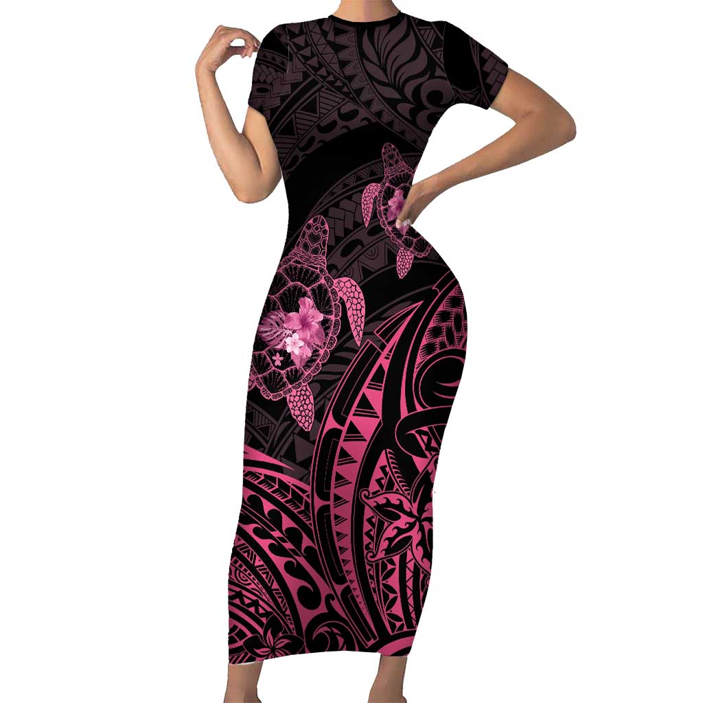 Pink Black Polynesia Floral Sea Turtle Short Sleeve Bodycon Dress - Polynesian Pride