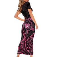 Pink Black Polynesia Floral Sea Turtle Short Sleeve Bodycon Dress - Polynesian Pride