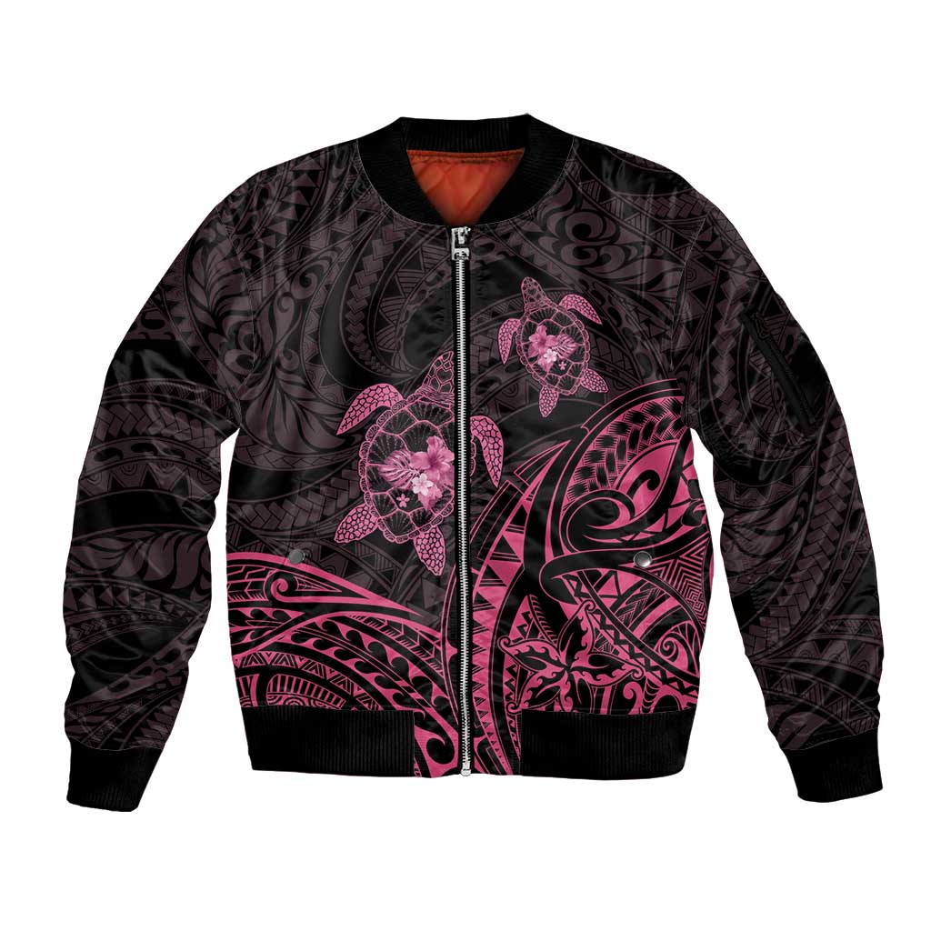 Pink Black Polynesia Floral Sea Turtle Sleeve Zip Bomber Jacket LT14 Unisex Black - Polynesian Pride