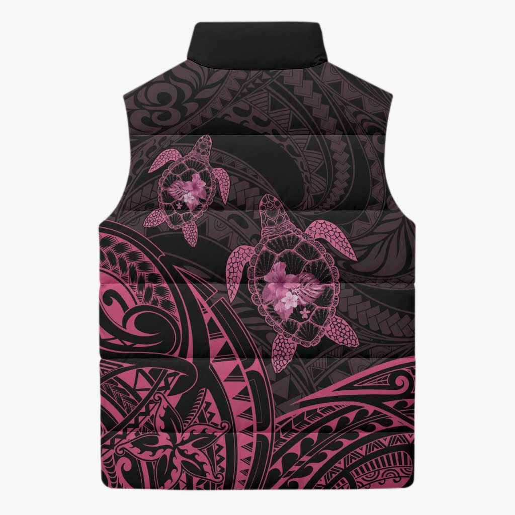 Pink Black Polynesia Floral Sea Turtle Sleeveless Puffer Jacket LT14 - Polynesian Pride