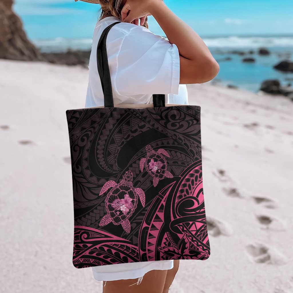 Pink Black Polynesia Floral Sea Turtle Tote Bag - Polynesian Pride