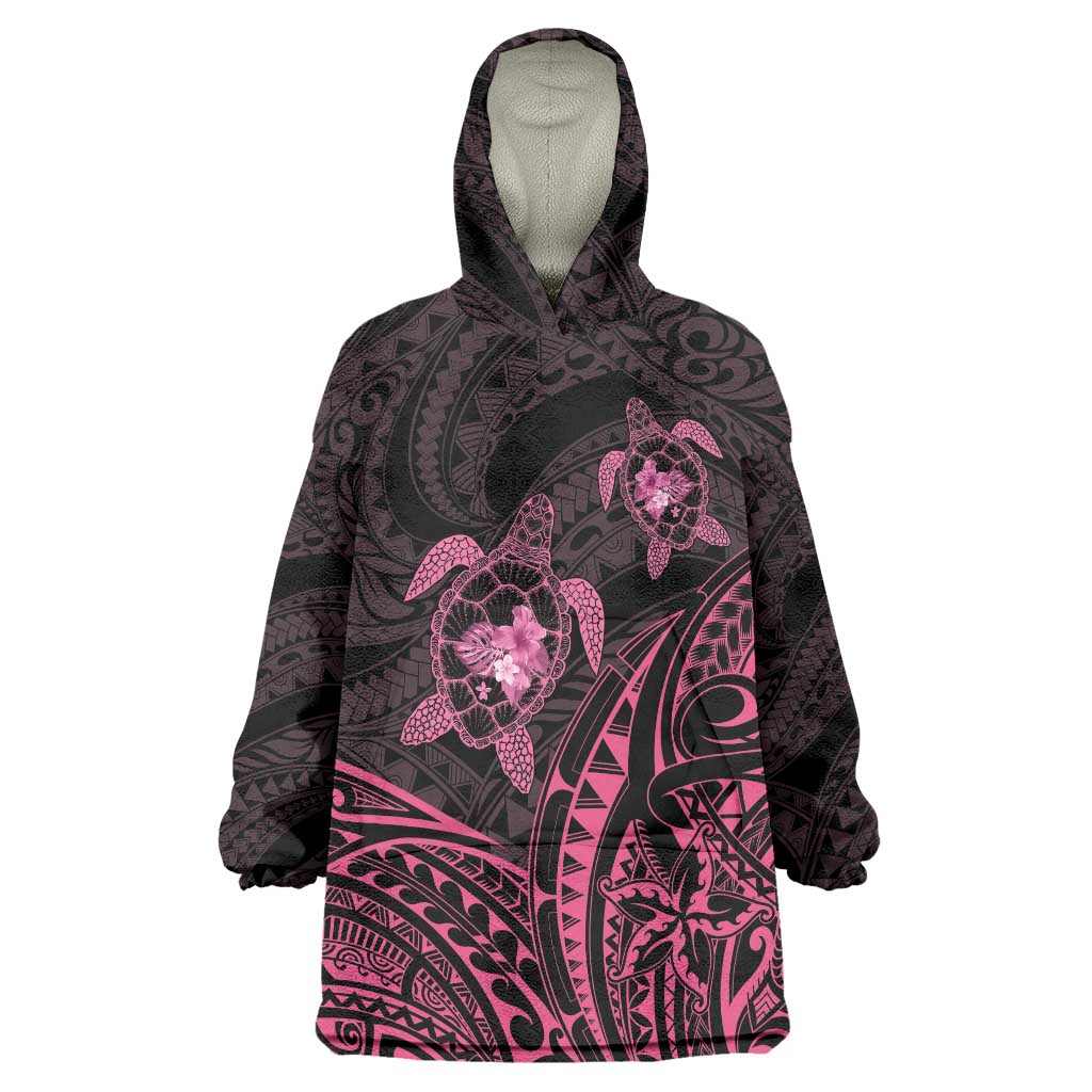 Pink Black Polynesia Floral Sea Turtle Wearable Blanket Hoodie - Polynesian Pride