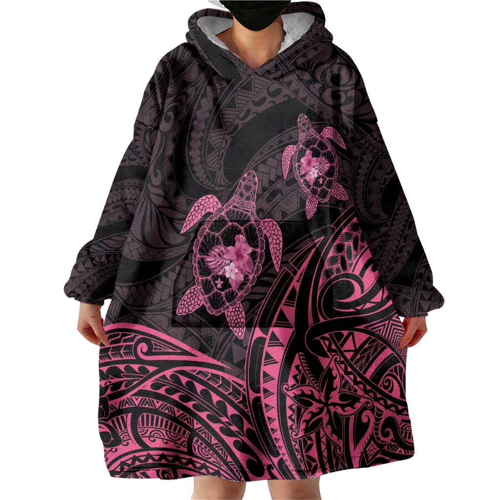 Pink Black Polynesia Floral Sea Turtle Wearable Blanket Hoodie - Polynesian Pride