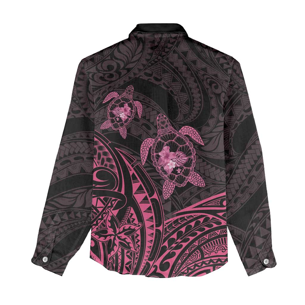 Pink Black Polynesia Floral Sea Turtle Women Casual Shirt - Polynesian Pride