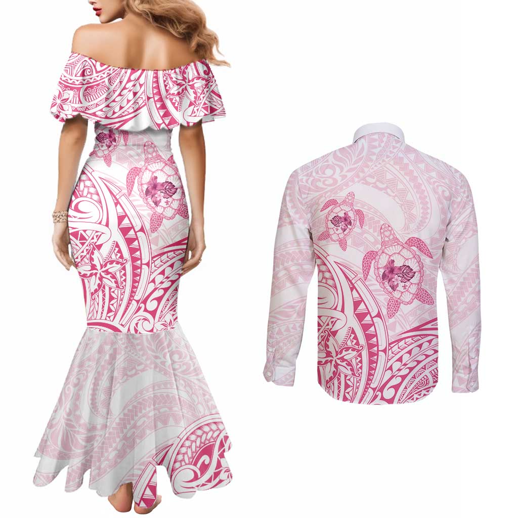 Pink White Polynesia Floral Sea Turtle Couples Matching Mermaid Dress and Long Sleeve Button Shirt LT14 - Polynesian Pride
