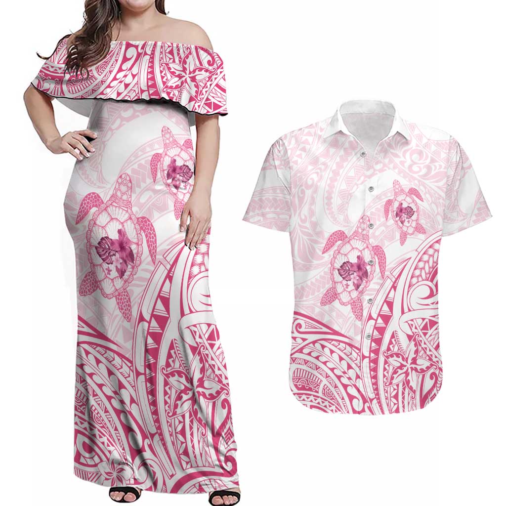 Pink White Polynesia Floral Sea Turtle Couples Matching Off Shoulder Maxi Dress and Hawaiian Shirt LT14 White - Polynesian Pride
