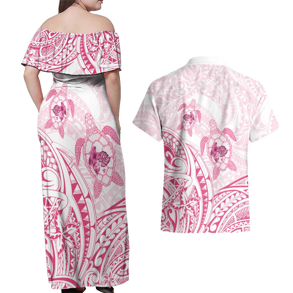 Pink White Polynesia Floral Sea Turtle Couples Matching Off Shoulder Maxi Dress and Hawaiian Shirt LT14 - Polynesian Pride