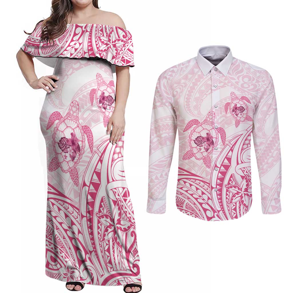 Pink White Polynesia Floral Sea Turtle Couples Matching Off Shoulder Maxi Dress and Long Sleeve Button Shirt LT14 White - Polynesian Pride