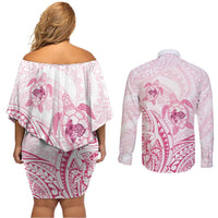 Pink White Polynesia Floral Sea Turtle Couples Matching Off Shoulder Short Dress and Long Sleeve Button Shirt LT14 - Polynesian Pride