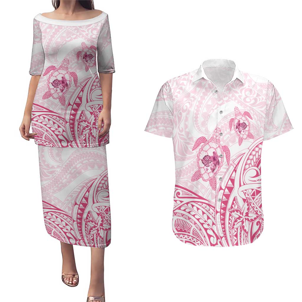Pink White Polynesia Floral Sea Turtle Couples Matching Puletasi and Hawaiian Shirt LT14 White - Polynesian Pride