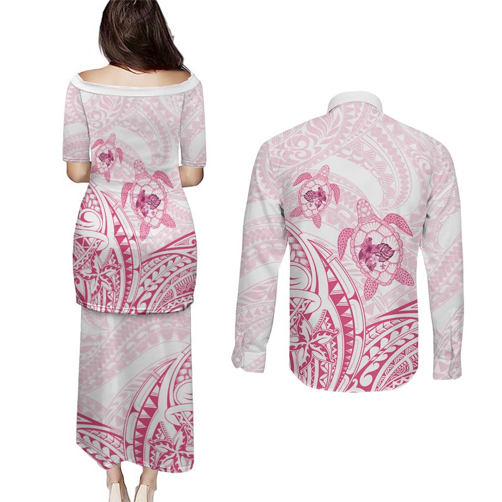 Pink White Polynesia Floral Sea Turtle Couples Matching Puletasi and Long Sleeve Button Shirt LT14 - Polynesian Pride