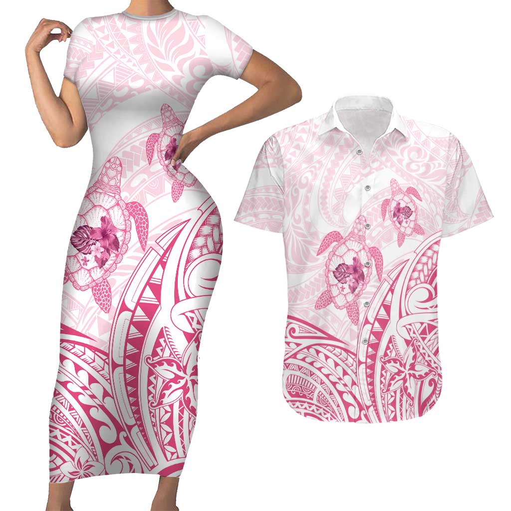 Pink White Polynesia Floral Sea Turtle Couples Matching Short Sleeve Bodycon Dress and Hawaiian Shirt - Polynesian Pride