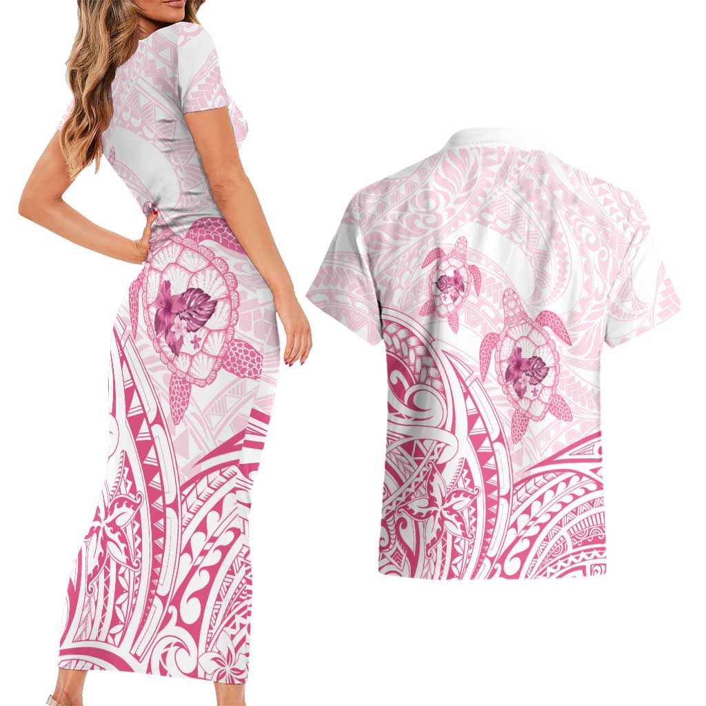 Pink White Polynesia Floral Sea Turtle Couples Matching Short Sleeve Bodycon Dress and Hawaiian Shirt - Polynesian Pride