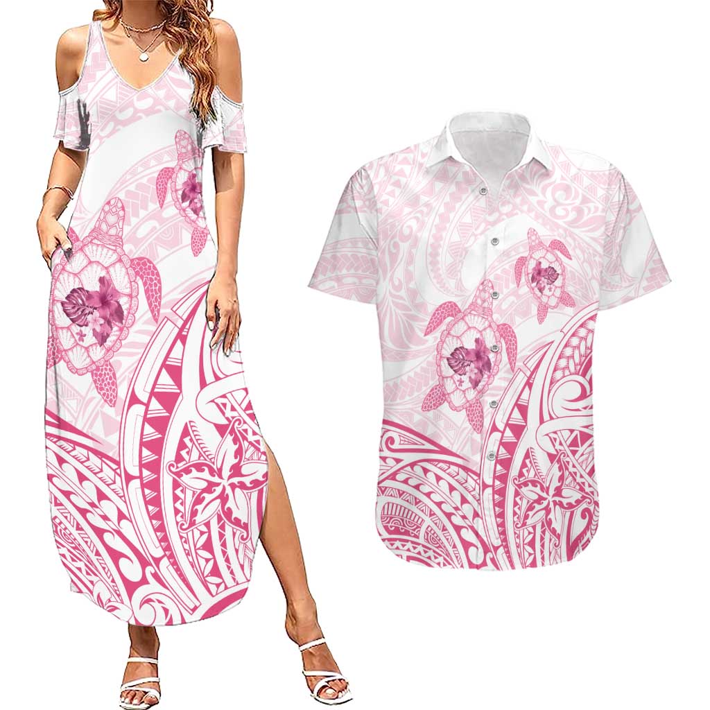 Pink White Polynesia Floral Sea Turtle Couples Matching Summer Maxi Dress and Hawaiian Shirt LT14 White - Polynesian Pride