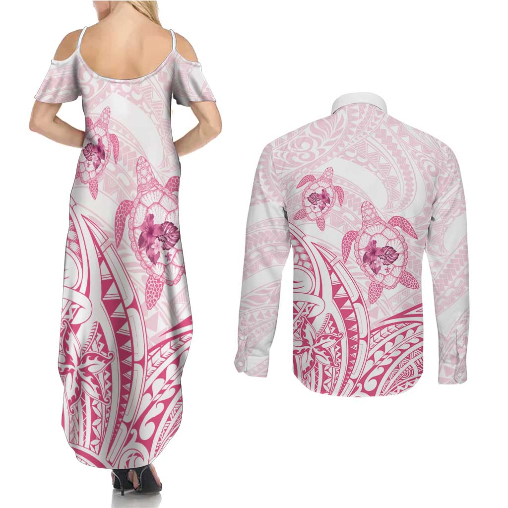 Pink White Polynesia Floral Sea Turtle Couples Matching Summer Maxi Dress and Long Sleeve Button Shirt LT14 - Polynesian Pride