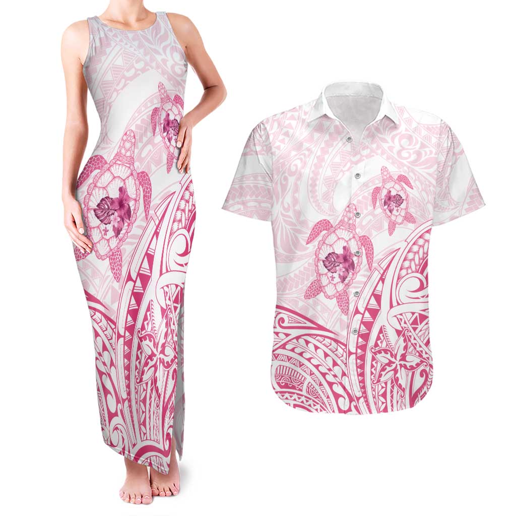 Pink White Polynesia Floral Sea Turtle Couples Matching Tank Maxi Dress and Hawaiian Shirt LT14 White - Polynesian Pride