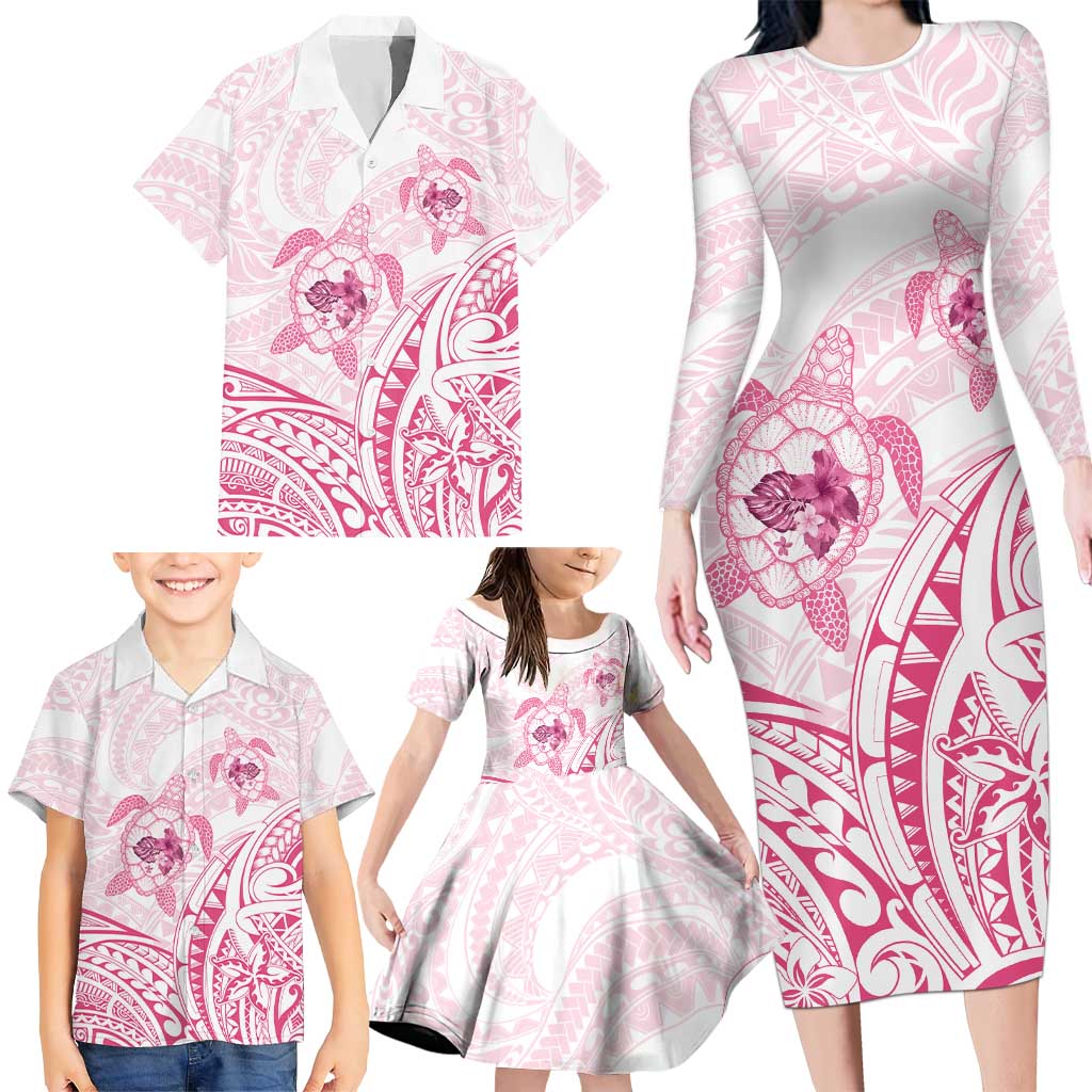 Pink White Polynesia Floral Sea Turtle Family Matching Long Sleeve Bodycon Dress and Hawaiian Shirt LT14 - Polynesian Pride