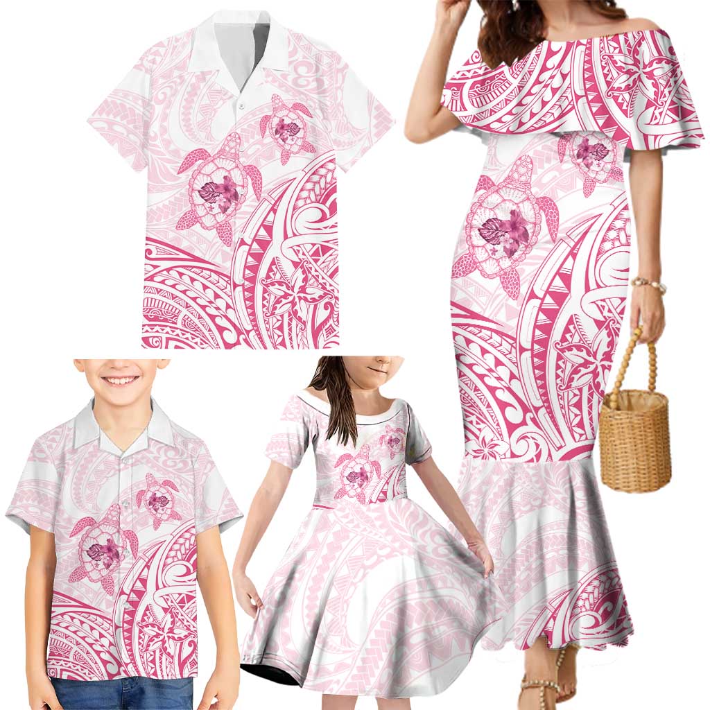 Pink White Polynesia Floral Sea Turtle Family Matching Mermaid Dress and Hawaiian Shirt LT14 - Polynesian Pride