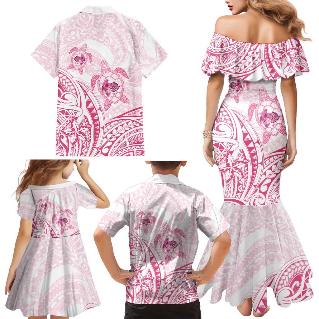 Pink White Polynesia Floral Sea Turtle Family Matching Mermaid Dress and Hawaiian Shirt - Polynesian Pride