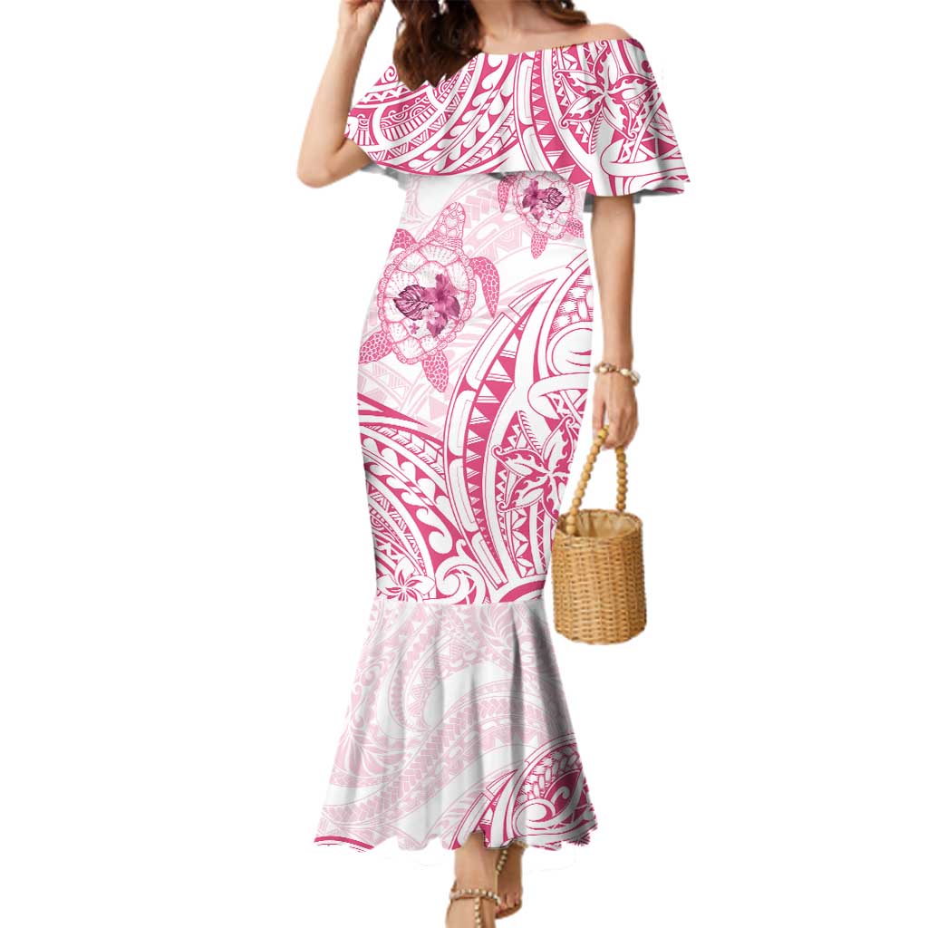 Pink White Polynesia Floral Sea Turtle Family Matching Mermaid Dress and Hawaiian Shirt - Polynesian Pride