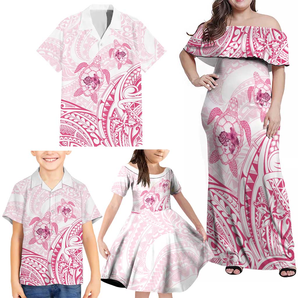 Pink White Polynesia Floral Sea Turtle Family Matching Off Shoulder Maxi Dress and Hawaiian Shirt LT14 - Polynesian Pride