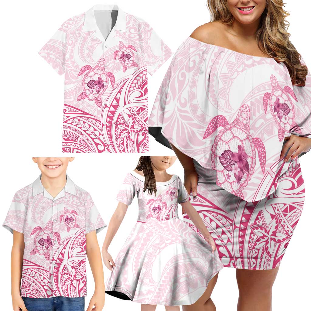 Pink White Polynesia Floral Sea Turtle Family Matching Off Shoulder Short Dress and Hawaiian Shirt LT14 - Polynesian Pride