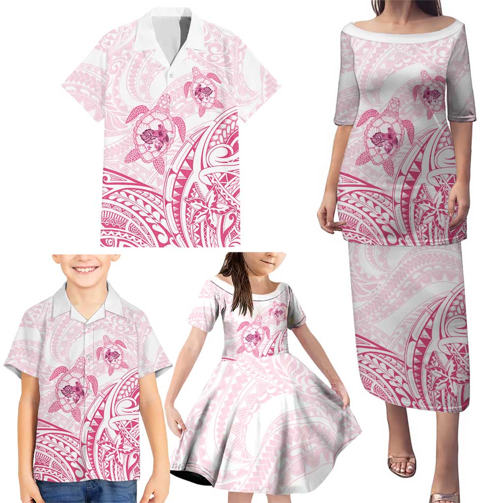 Pink White Polynesia Floral Sea Turtle Family Matching Puletasi and Hawaiian Shirt LT14 - Polynesian Pride