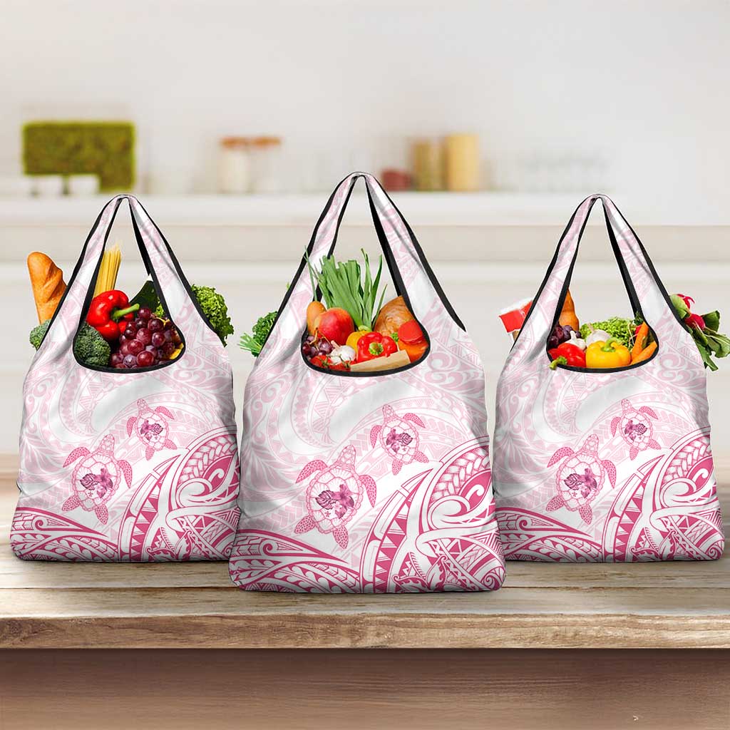 Pink White Polynesia Floral Sea Turtle Grocery Bag - Polynesian Pride