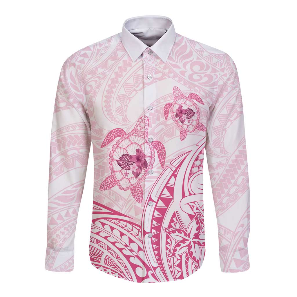 Pink White Polynesia Floral Sea Turtle Long Sleeve Button Shirt LT14 Unisex White - Polynesian Pride