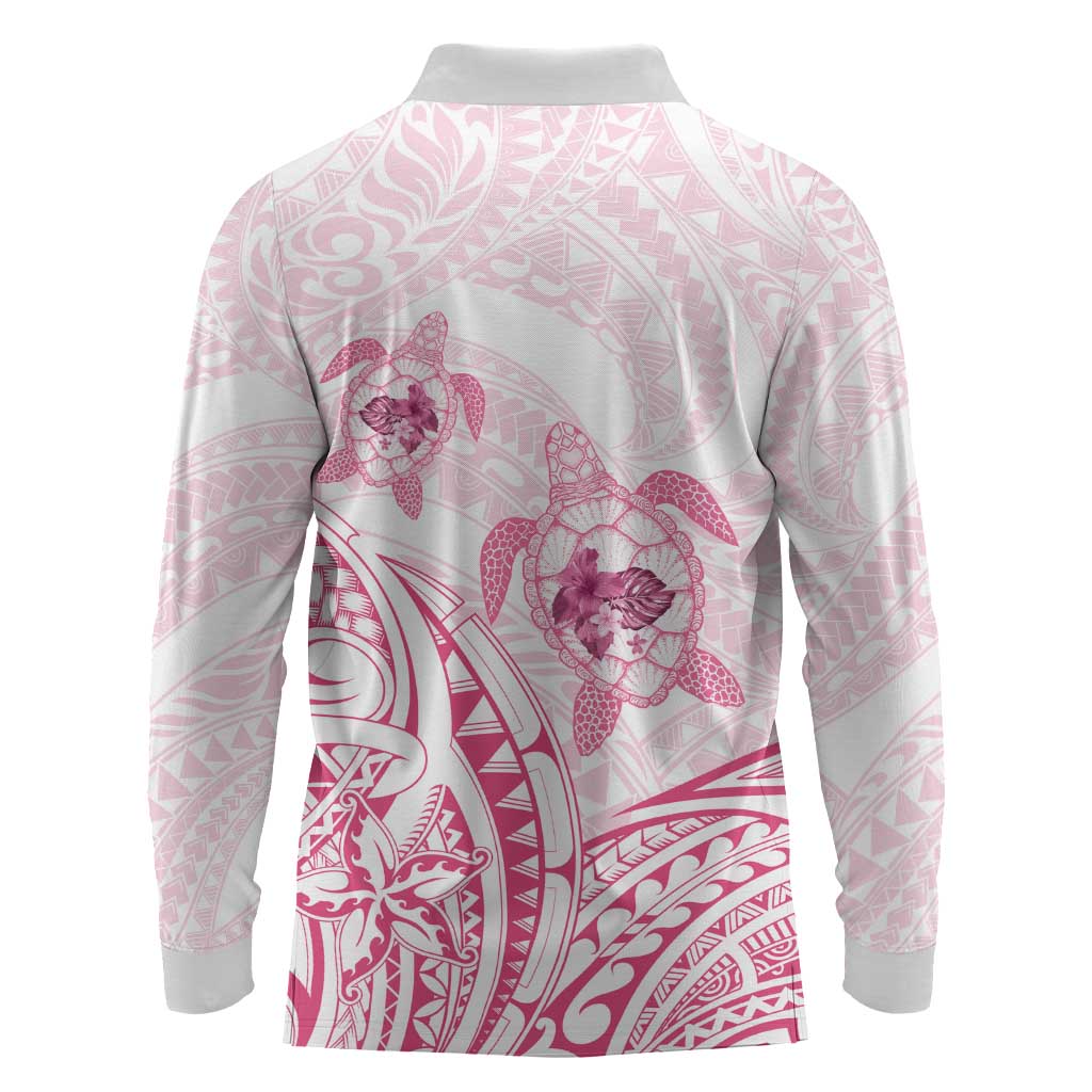 Pink White Polynesia Floral Sea Turtle Long Sleeve Polo Shirt - Polynesian Pride