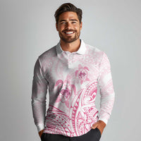 Pink White Polynesia Floral Sea Turtle Long Sleeve Polo Shirt - Polynesian Pride