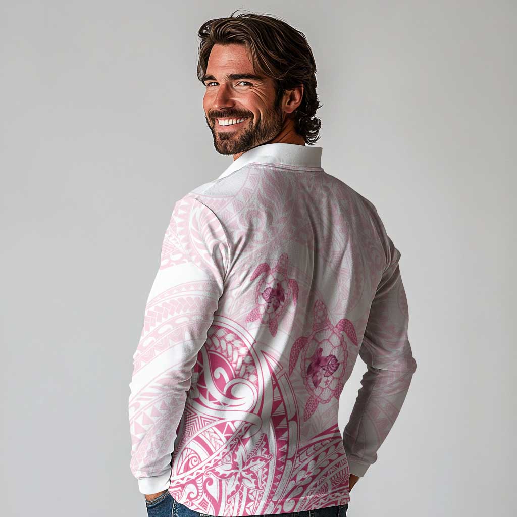 Pink White Polynesia Floral Sea Turtle Long Sleeve Polo Shirt - Polynesian Pride