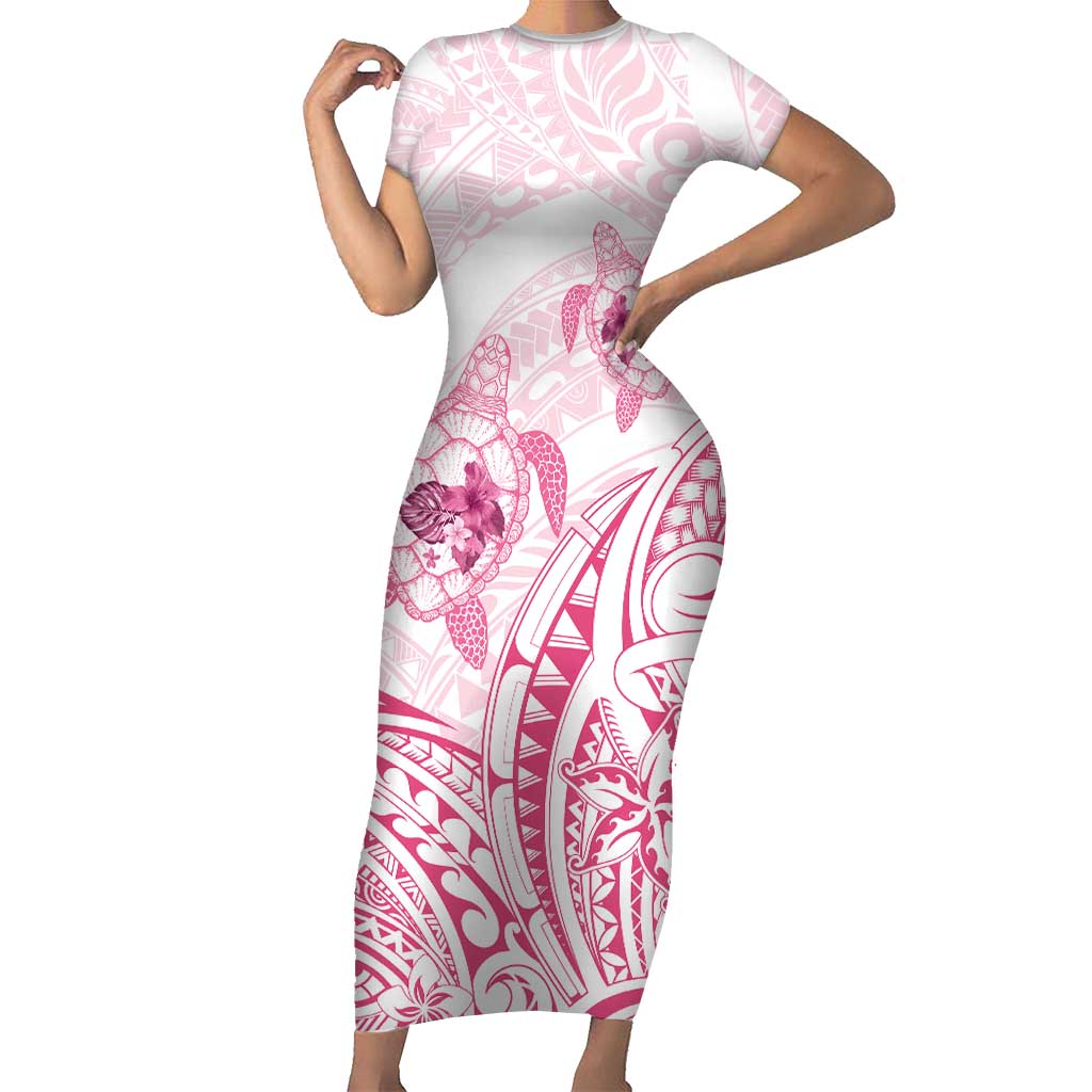 Pink White Polynesia Floral Sea Turtle Short Sleeve Bodycon Dress - Polynesian Pride