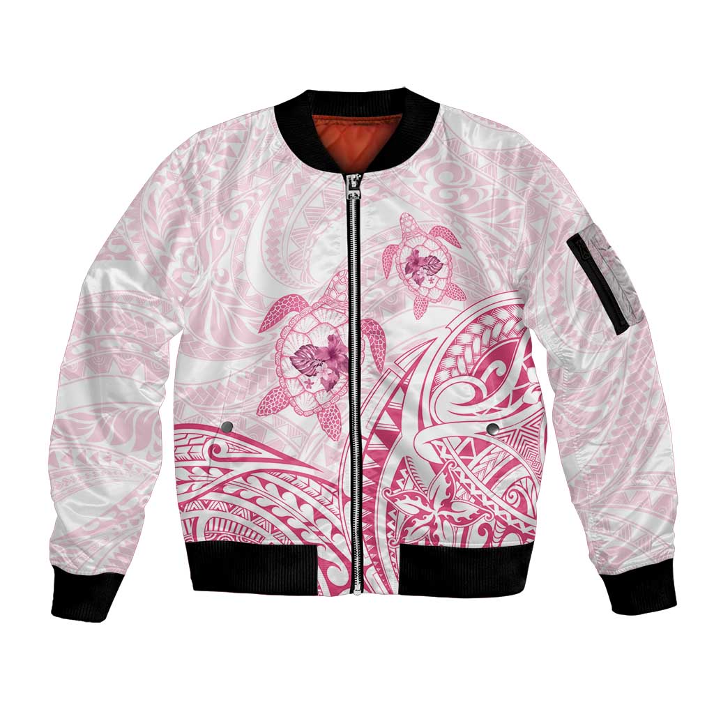 Pink White Polynesia Floral Sea Turtle Sleeve Zip Bomber Jacket LT14 Unisex White - Polynesian Pride