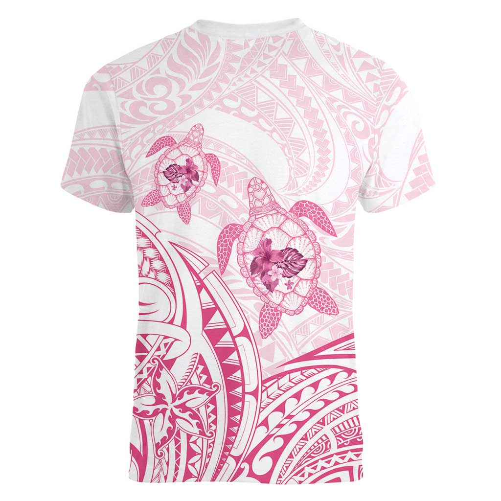 Pink White Polynesia Floral Sea Turtle Women V-Neck T-Shirt LT14 - Polynesian Pride