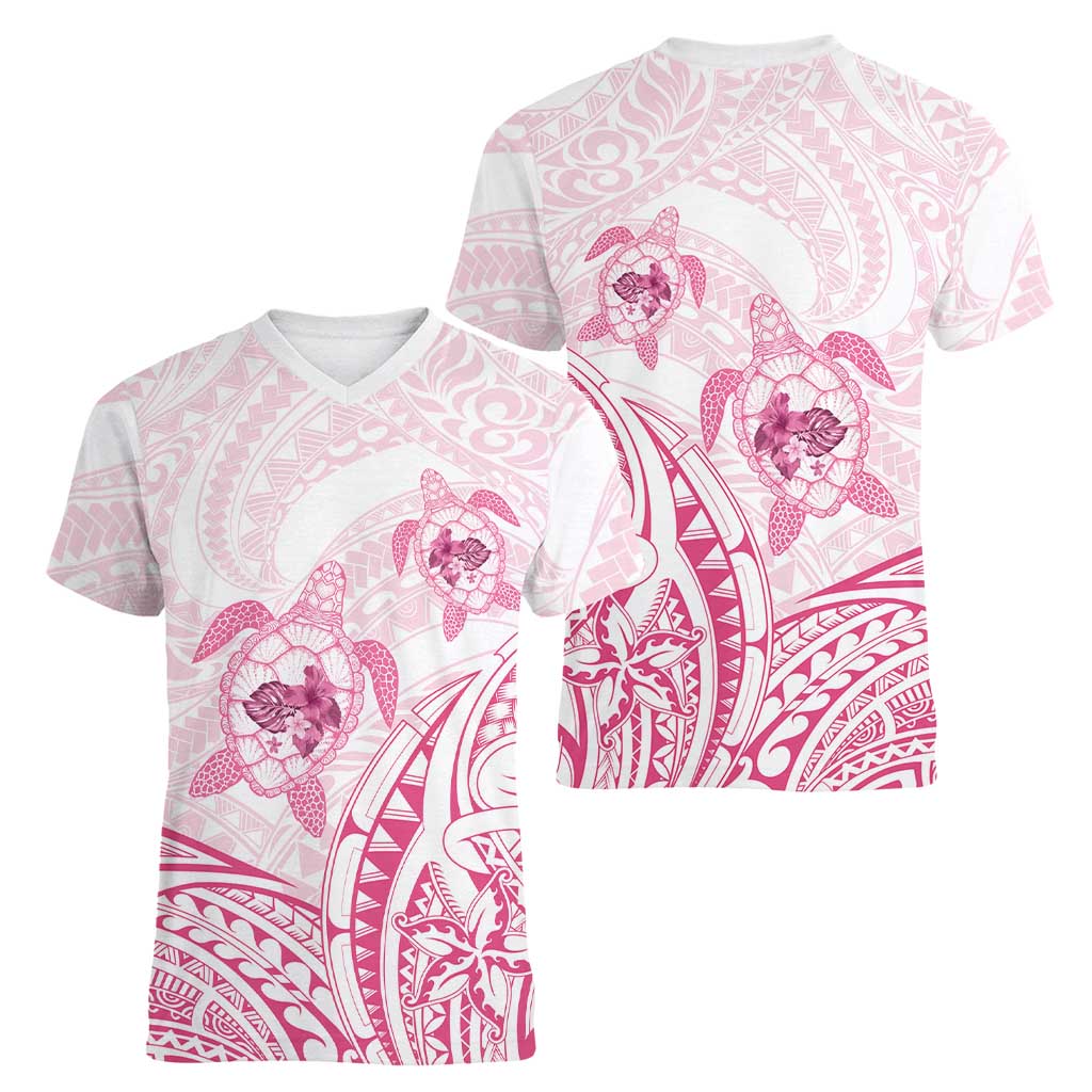 Pink White Polynesia Floral Sea Turtle Women V-Neck T-Shirt LT14 - Polynesian Pride