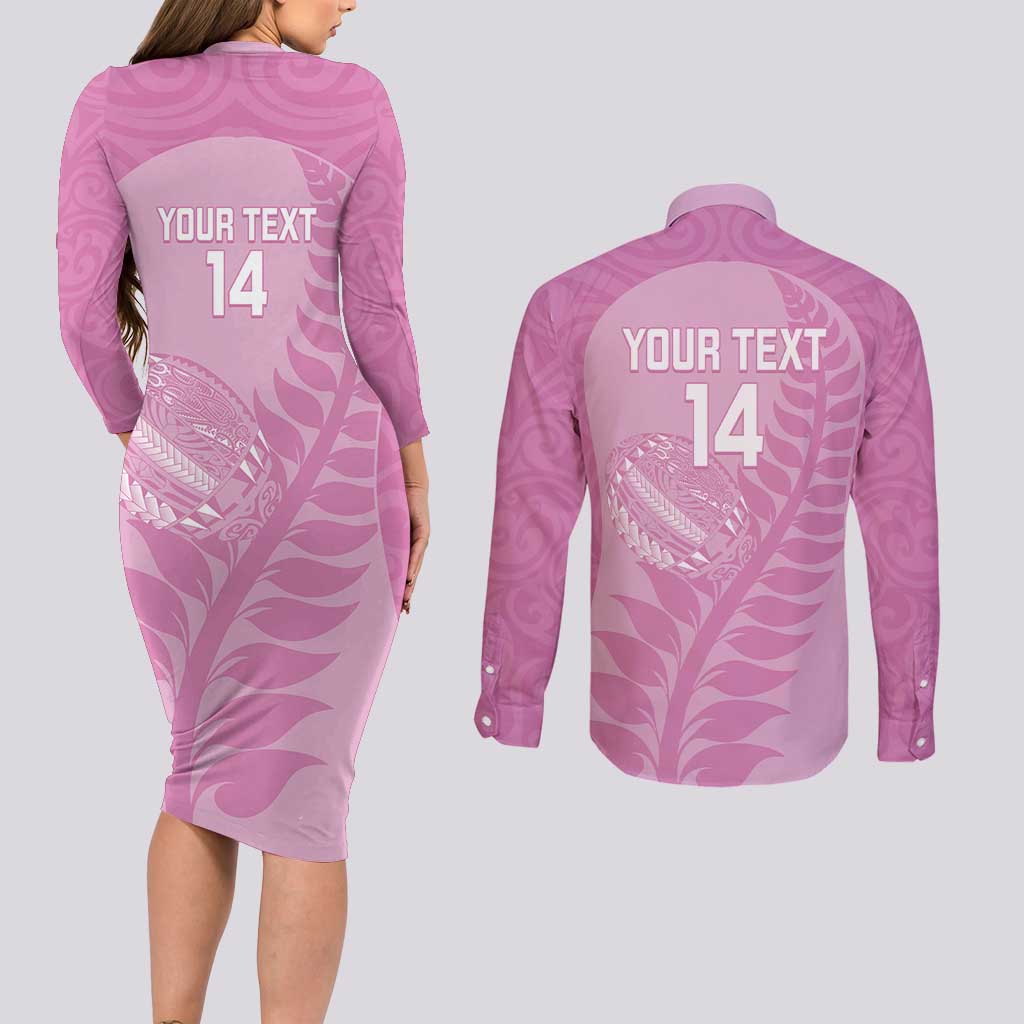 Custom New Zealand Silver Fern Rugby 2025 Couples Matching Long Sleeve Bodycon Dress and Long Sleeve Button Shirt All Black Aotearoa Maori Pink