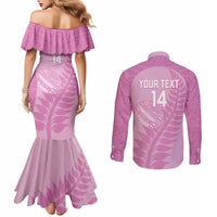Custom New Zealand Silver Fern Rugby 2025 Couples Matching Mermaid Dress and Long Sleeve Button Shirt All Black Aotearoa Maori Pink
