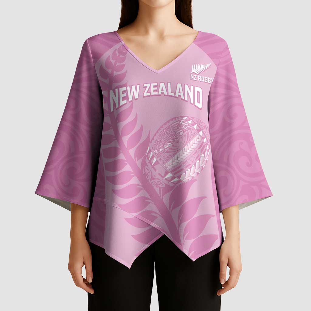 Custom New Zealand Silver Fern Rugby 2025 Kimono Sleeve Blouse All Black Aotearoa Maori Pink - Polynesian Pride