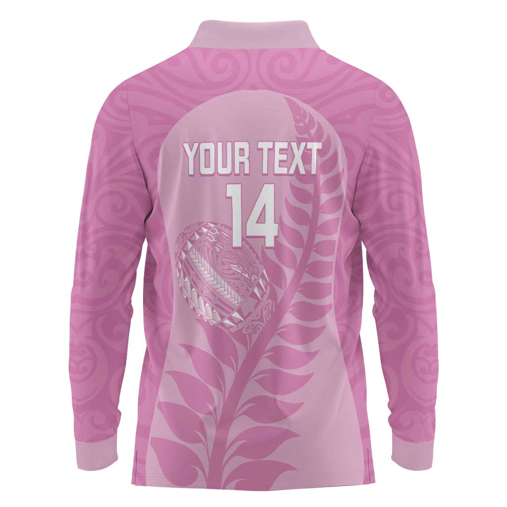 Custom New Zealand Silver Fern Rugby 2025 Long Sleeve Polo Shirt All Black Aotearoa Maori Pink